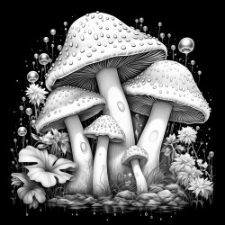 mushrooms with glowing spots and cosmic dust floating around them
