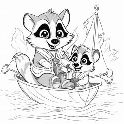 papa racoon helping baby racoon with his boat toy