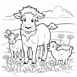 a cow and a sheep and a pony with some chickens in a paddock with daisies and grass