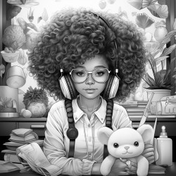 female anthropomorphic rabbit with an afro works in an office
