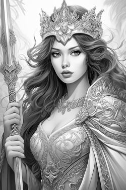 beautiful likeable asian princess hero with a dagger on her belt a princess crown and sceptre in long flowing robes kleurplaat