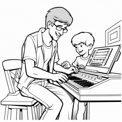 uncle playing keyboard and computer with blonde nephew