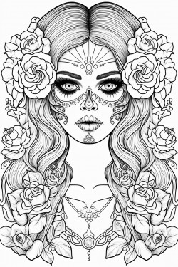 a gothic glamorous girl in gorgeous hair styles with skulls and flowers as jewelry or props