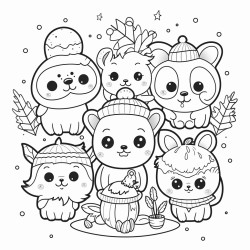 coloring book page white background cute kawaii animals in christmas scenes