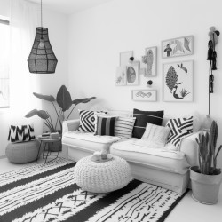 salon bohme avec tapis superposs canap  motifs plantes exotiques macram mural et lampe vintage