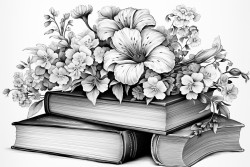 books surrounded by various delicate flowers