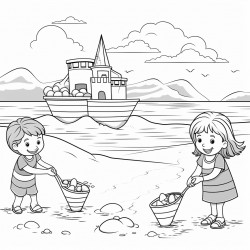 a beach where kids are playing in the sand making sand castles swimming in the ocean and surfing
