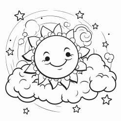 a serene planet with a ring system adorned with cute clouds and a smiling sun