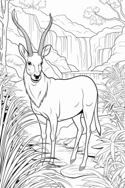 a saola standing quietly near a mountain stream in a forest surrounded by tall grasses and tropical plants