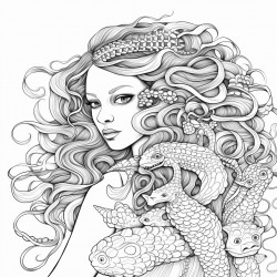 a coloring page of a curly haired mermaid girl with a pet octopus