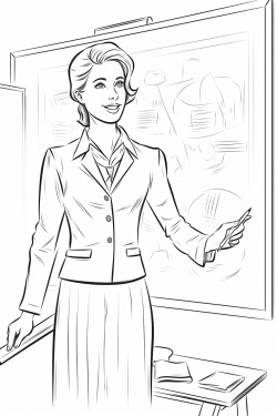 a woman in a business suit draws on a chalkboard with a crayon