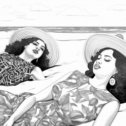 coloring page black and white body positive ladies lying on the sandy beach