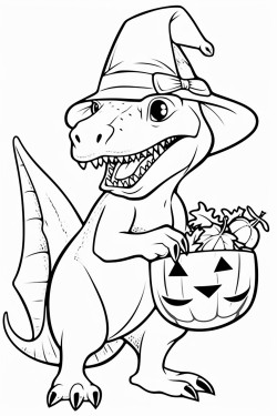 halloween dinosaur in a witch hat holding a trickortreat bucket