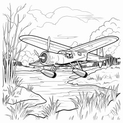 a swamp scene with an old airplane flying above