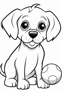 an adorable puppy with big floppy ears playing with a ball black and white coloring page