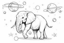 an elephant floating in space with planets in the background