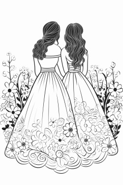 the backs of two brides in a field of flowers