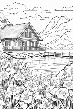 switzerland landscape with a quaint stone house surrounded by flowers wooden dock extending into a lake