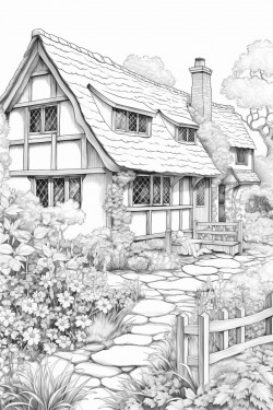 realistic english country cottage covered in flowers