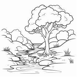 a tree next to a stream of water