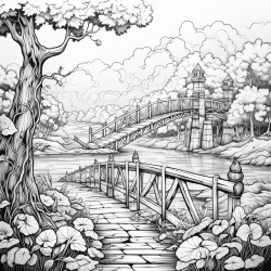 suspension bridge and the river at the forest