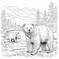 create a blackandwhite coloring page featuring bears by a river the bears should have bold clear outlines with one bear fishing or drinking water include simple details like trees rocks and the flowing river but leave large spaces for easy coloring