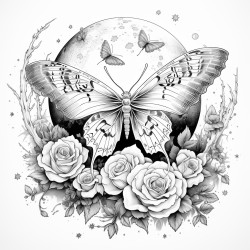 roses correlated with death moth in front of the moon