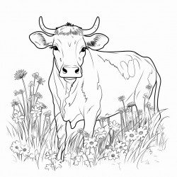 adolescent cow in pasture with grass and flowers