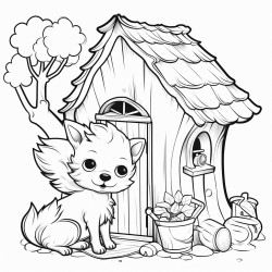 cute little dog inside a tiny house inside of a tree