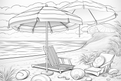 a beach scene including beach umbrellas and shells