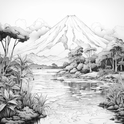 river with reflection and a volcano behind it