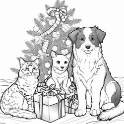 2 australian shepherds and 6 cats hanging out with a christmas theme