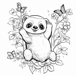 cute sloth hanging from a forest tree with flowers and butterflys