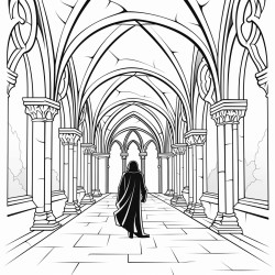 a mysterious silhouette walking through the arches of a dark gothic castle