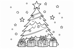 a decorated christmas tree with ornaments lights and a star on top presents are stacked beneath the tree