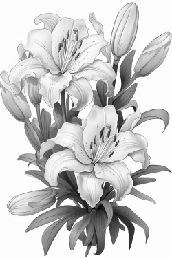 3 lilies  with intricate pattern inside of it no color no shading thick line outline art