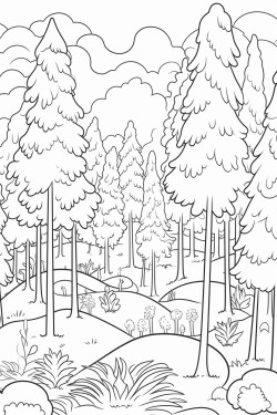 a cute tranquil forest coloring bookvector white background black and white black drawing