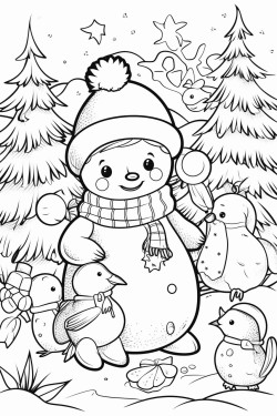 christmas snowman with animals in the forest