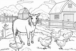 generate a colouring page themed around a farmyard with chicken zebras cattle dogs and cats