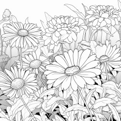 create a blackandwhite coloring page with a cluster of daisies in a garden use bold outlines for large defined petals stems and leaves vary their height and angle showing some fully open and others partially blooming keep the background simple with minimal details like grass ensuring larg