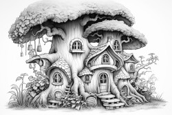 schiefes haus im wald mit bergroen pilzen und bumen