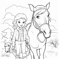 horses with youngbgirl on a farm