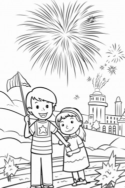 4th of july party with kids playing in park and fireworks