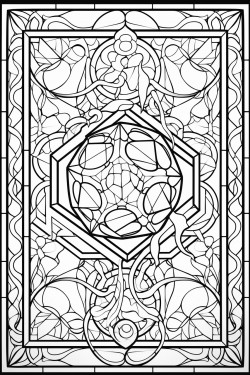 stained glass window with a 20sided dice in the center