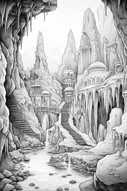 fancy cave of huge crystals black and white coloring book page outlines only white background