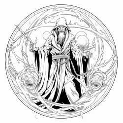 a sorcerer with a staff summoning dark magic in a ritual circle