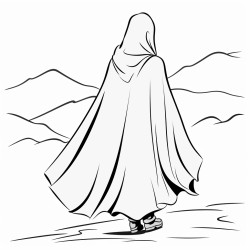 cloaked person walking into the wind viewed as a long shot from behind