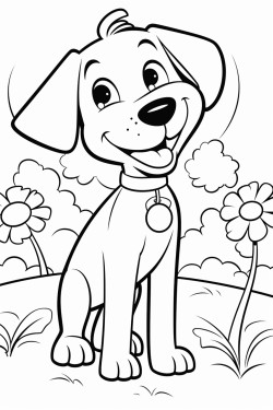 create a black and white outline of a happy cartoon dog in a park with a tree flowers and a sun for coloring