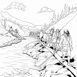 prompt native americans crossing a river on foot using a grapevine as a rope to keep them connected