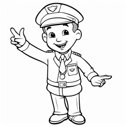 security officer smiling and pointing at an airplane